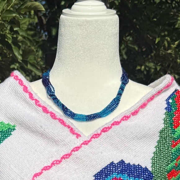 Handmade by Artist Light and Dark Blue Intricate Beaded Necklace - Picture 3 of 6